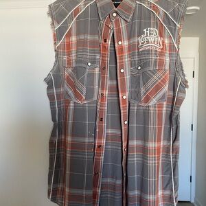 Harley-Davidson Gray and Orange Plaid Sleeveless Button-Down Shirt